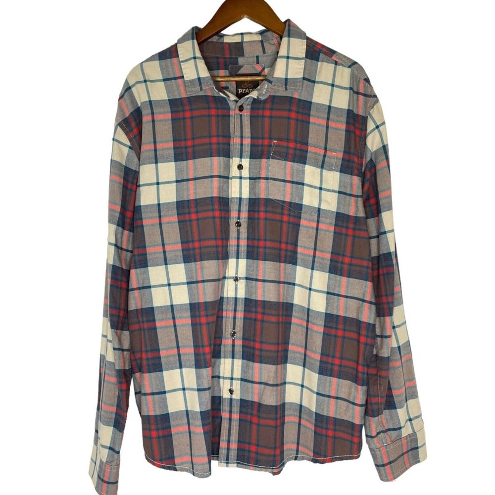 Prana Tan Blue Red Plaid Print Long Sleeve Button Up Shirt Size XL Men's